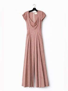 Anthro Maeve Geo Print Wide Leg Jumpsuit Size 0 Pink Red Cap Sleeve